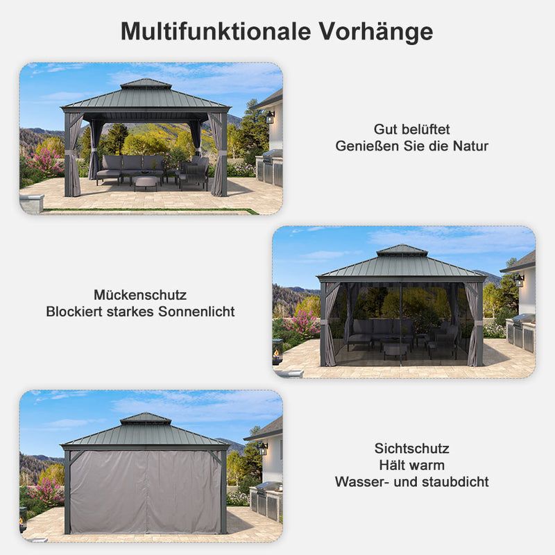 PURPLE LEAF Grau Alu Pavillon Wasserdicht Stabil Winterfest Wetterfest Gartenpavillon mit 4 Doppel Seitenteile Hardtop Pavillon mit Stahldach