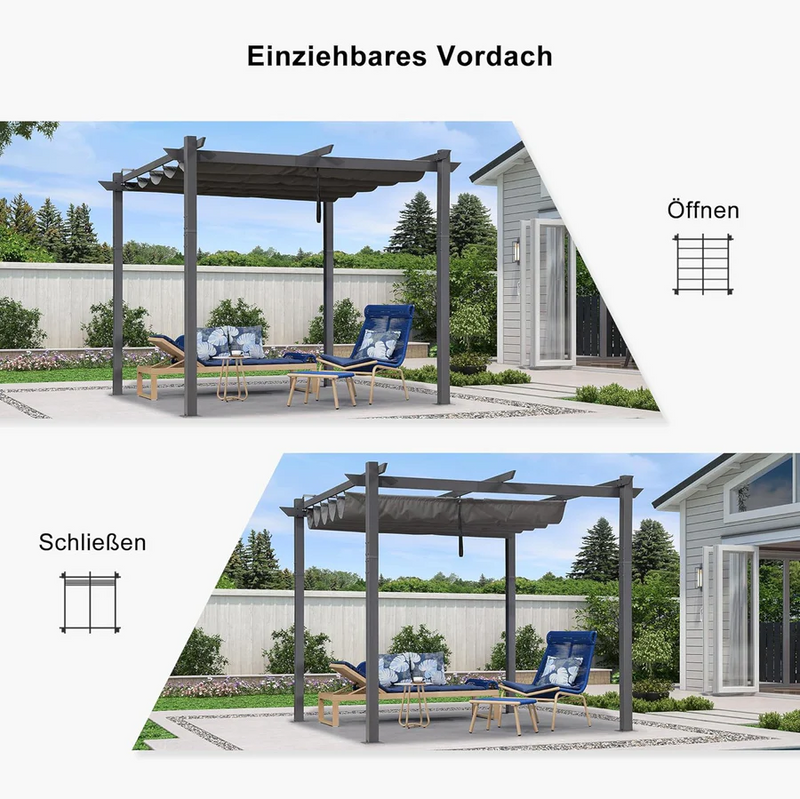 PURPLE LEAF Aluminium Pergola Einziehbare Markise mit Sonnenschutzdach und Seitenvorhängen für Terrasse Garten Grillpavillon