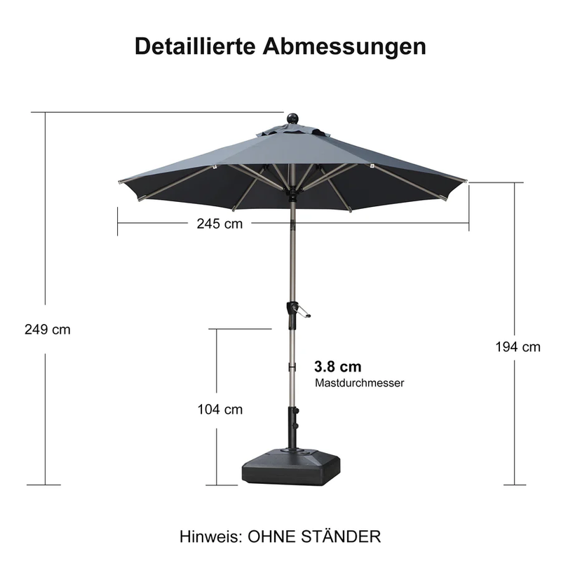 PURPLE LEAF Sonnenschirm Alu Gartenschirm mit Schirmständer, 30° Neigung, Terrassenschirm Tischschirm, Wasserdichter Mittelstockschirm für Garten & Markt