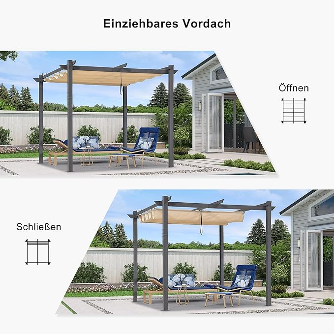 PURPLE LEAF Aluminium Pergola Einziehbare Markise mit Sonnenschutzdach und Seitenvorhängen für Terrasse Garten Grillpavillon