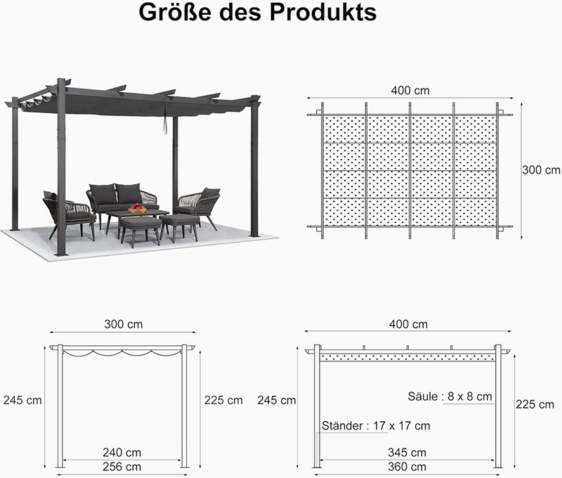 PURPLE LEAF Pergola Metall Garten Pavillon Pergola Wasserdicht Stabil Winterfest, Gartenpavillon Mit Sonnenschutz Überdachung