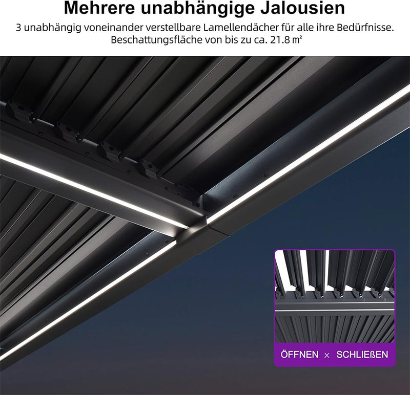PURPLE LEAF Lamellen Pergola Lamellendach mit LED-Lichtleiste für Garten Terrasse, Grau