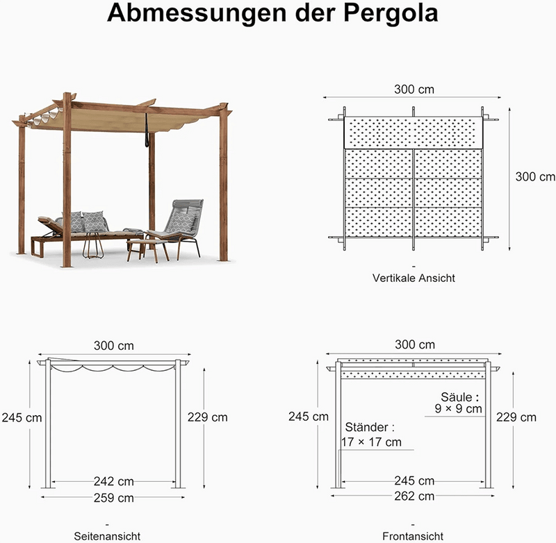 PURPLE LEAF Pergola Metall Holzoptik Garten Pavillon Aluminum Pergola Wasserdicht Sonnendach mit Schiebedach, Gartenpavillon Mit Markisenschutz