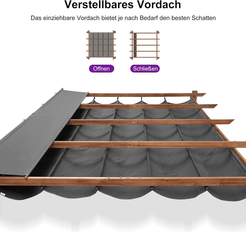 PURPLE LEAF Pergola Metall Holzoptik Garten Pavillon Aluminum Pergola Wasserdicht Sonnendach mit Schiebedach, Gartenpavillon Mit Markisenschutz