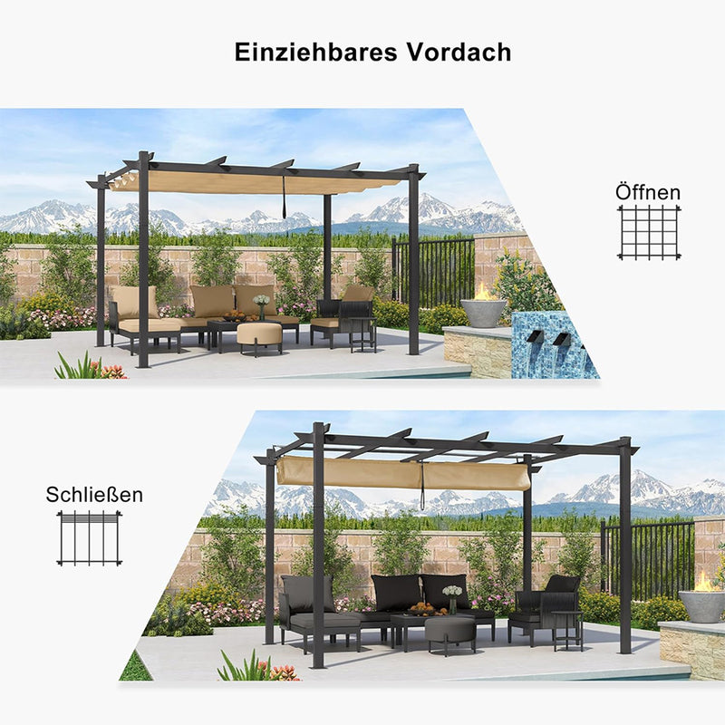 PURPLE LEAF Pergola Aluminium Einziehbare für den Außenbereich mit Sonnenschutzdach, Terrasse, Unterstand für Hinterhof, Metallgrill-Pavillon-PRG