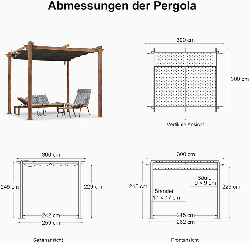 PURPLE LEAF Pergola Metall Holzoptik Garten Pavillon Aluminum Pergola Wasserdicht Sonnendach mit Schiebedach, Gartenpavillon Mit Markisenschutz