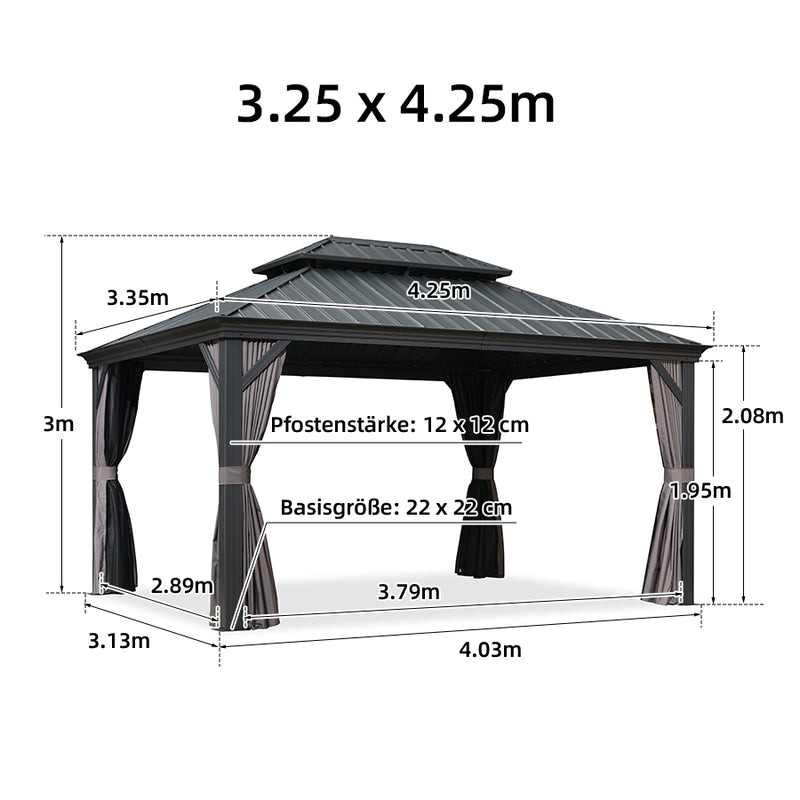 PURPLE LEAF Grau Alu Pavillon Wasserdicht Stabil Winterfest Wetterfest Gartenpavillon mit 4 Doppel Seitenteile Hardtop Pavillon mit Stahldach