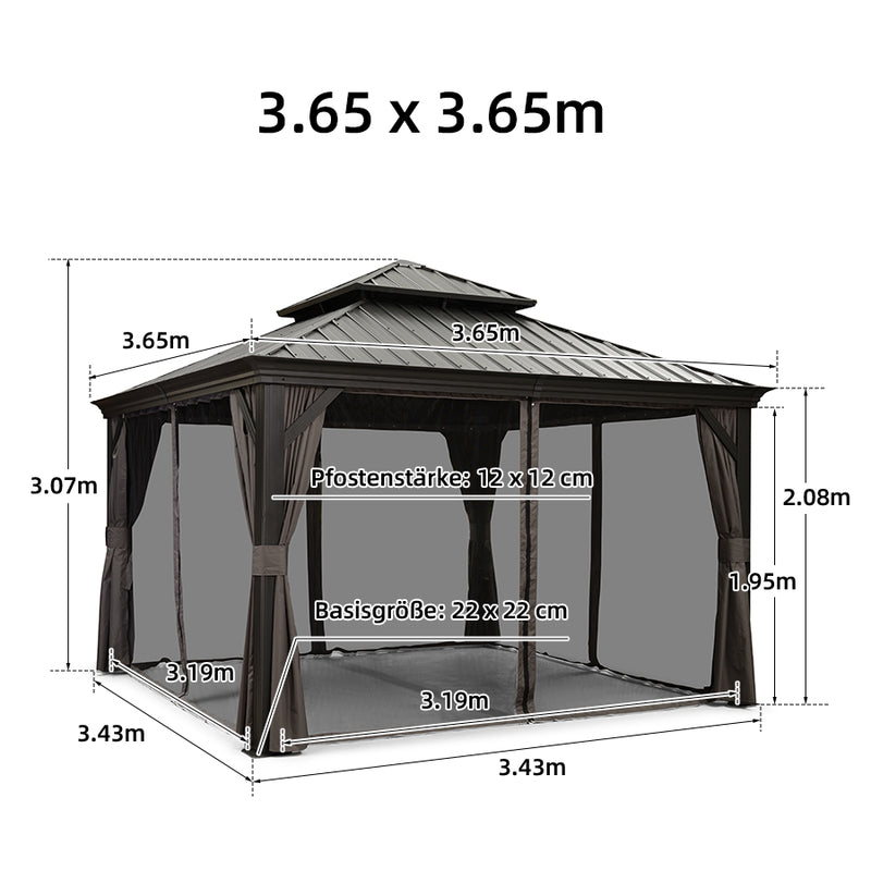 PURPLE LEAF Grau Alu Pavillon Wasserdicht Stabil Winterfest Wetterfest Gartenpavillon mit 4 Doppel Seitenteile Hardtop Pavillon mit Stahldach