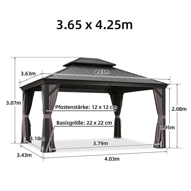 PURPLE LEAF Grau Alu Pavillon Wasserdicht Stabil Winterfest Wetterfest Gartenpavillon mit 4 Doppel Seitenteile Hardtop Pavillon mit Stahldach