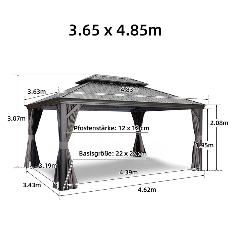 PURPLE LEAF Grau Alu Pavillon Wasserdicht Stabil Winterfest Wetterfest Gartenpavillon mit 4 Doppel Seitenteile Hardtop Pavillon mit Stahldach