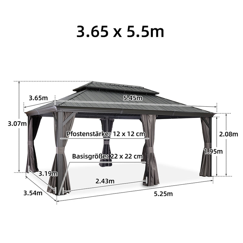 PURPLE LEAF Grau Alu Pavillon Wasserdicht Stabil Winterfest Wetterfest Gartenpavillon mit 4 Doppel Seitenteile Hardtop Pavillon mit Stahldach