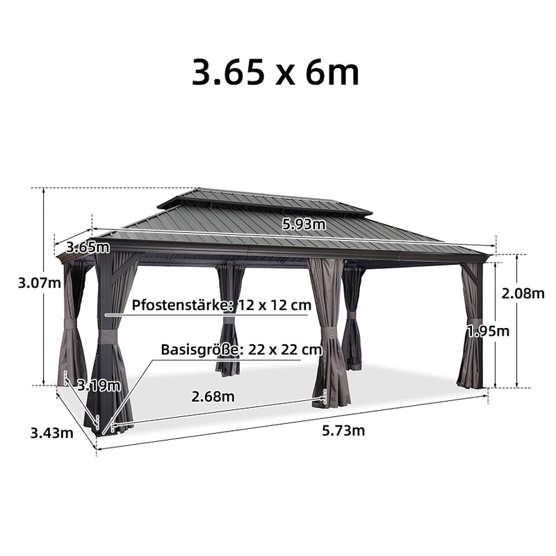 PURPLE LEAF Grau Alu Pavillon Wasserdicht Stabil Winterfest Wetterfest Gartenpavillon mit 4 Doppel Seitenteile Hardtop Pavillon mit Stahldach