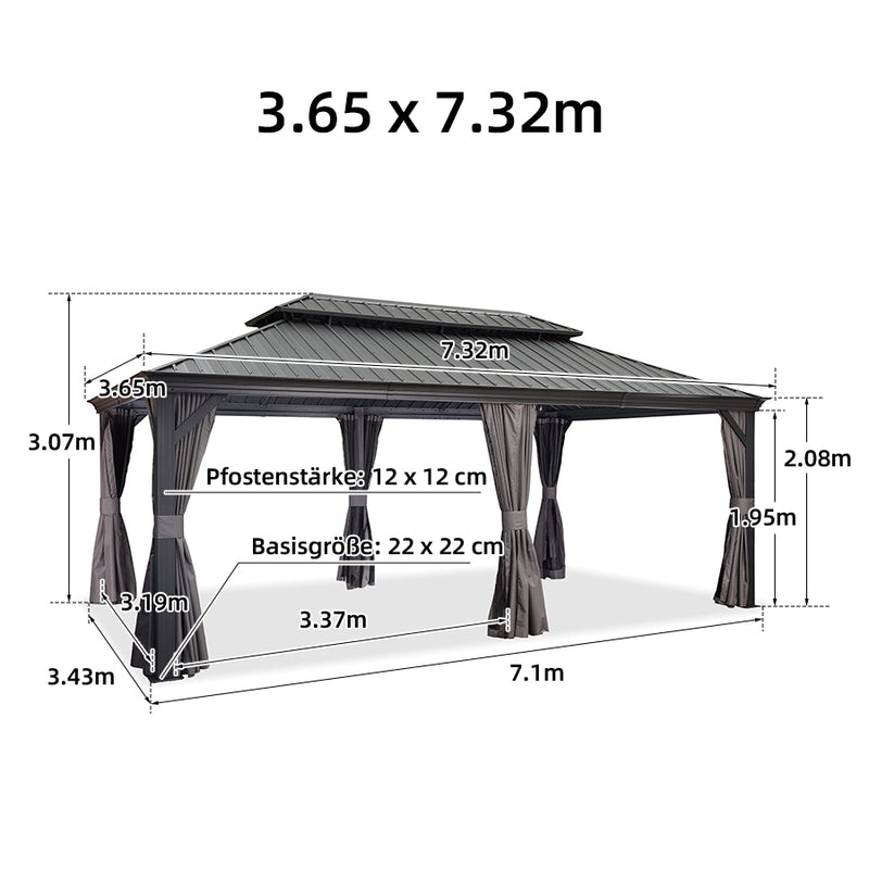 PURPLE LEAF Grau Alu Pavillon Wasserdicht Stabil Winterfest Wetterfest Gartenpavillon mit 4 Doppel Seitenteile Hardtop Pavillon mit Stahldach