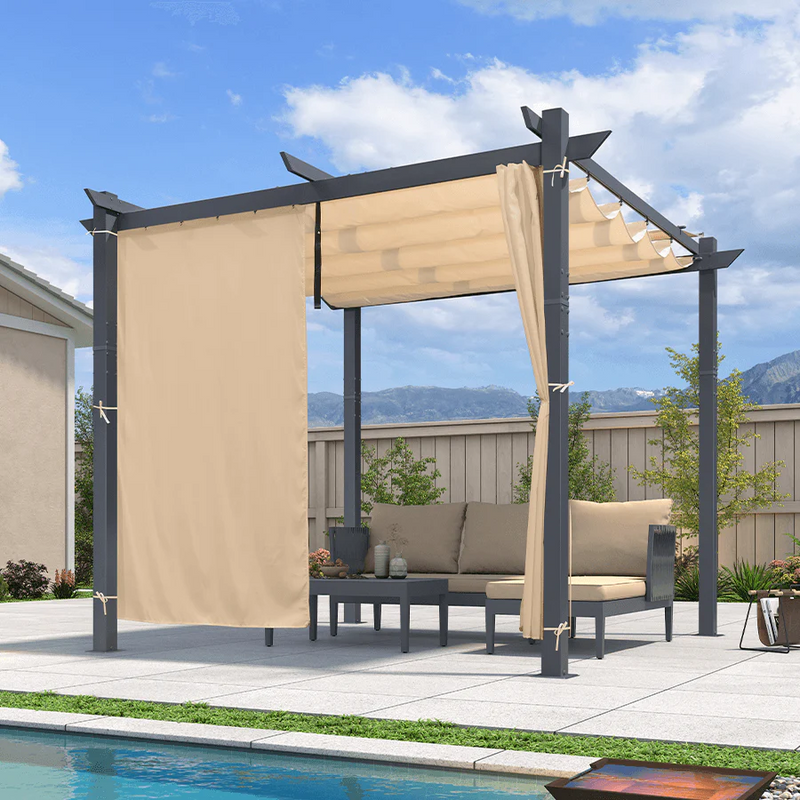 PURPLE LEAF Garten Pergola mit Vorhang Aluminium-Rahmen Outdoor Terrasse Pavillon mit Seitenschutzvorhänge Sonnendach mit Schiebedach  Grau