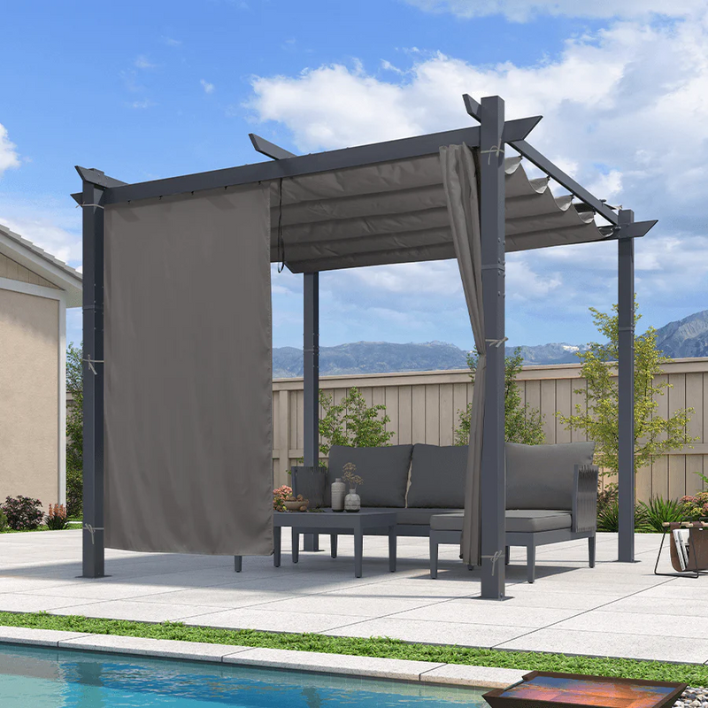 PURPLE LEAF Garten Pergola mit Vorhang Aluminium-Rahmen Outdoor Terrasse Pavillon mit Seitenschutzvorhänge Sonnendach mit Schiebedach  Grau