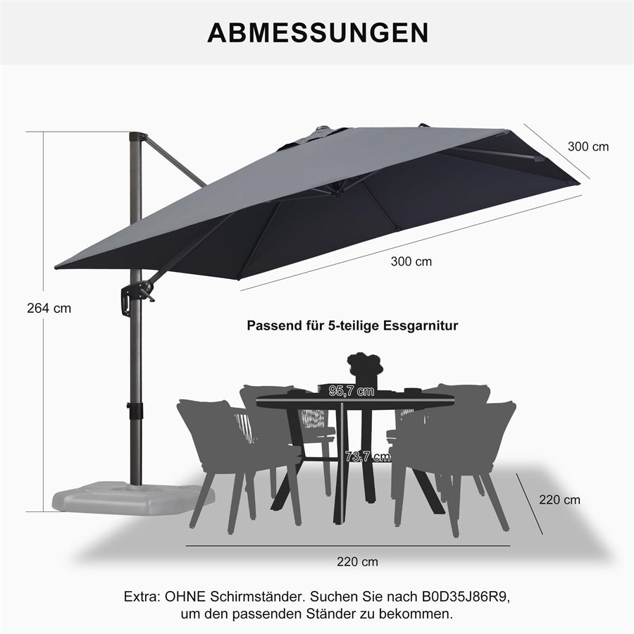 PURPLE LEAF Sonnenschirm Groß Ampelschirm mit Kurbel 360-Grad Drehbar mit Fußpedal für Terrasse, Balkon Sonnenschutz