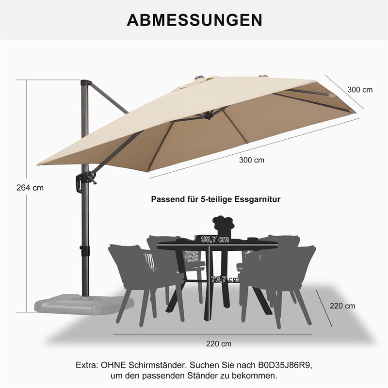 PURPLE LEAF Sonnenschirm Groß Ampelschirm mit Kurbel 360-Grad Drehbar mit Fußpedal und Kreuzsockel für Terrasse, Balkon Sonnenschutz