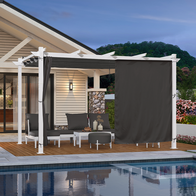 PURPLE LEAF Ausziehbare Outdoor Pergola mit Doppel-Sonnensege & Seitenschutzvorhängen  Weiße Aluminium-Pergola  Moderne Terrassen-Markise für Garten Hof&Terrasse kaki