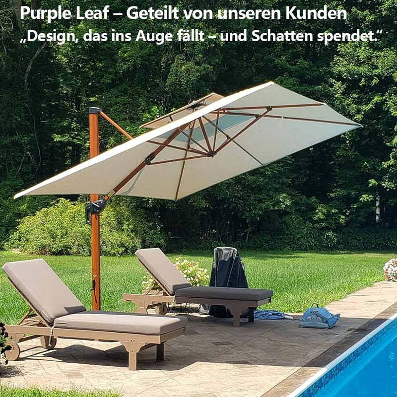 PURPLE LEAF Garten Sonnenschirm, quadratischer Alu Holzoptik Ampelschirm Überhang mit Kurbelgriff und Neigung für Balkon