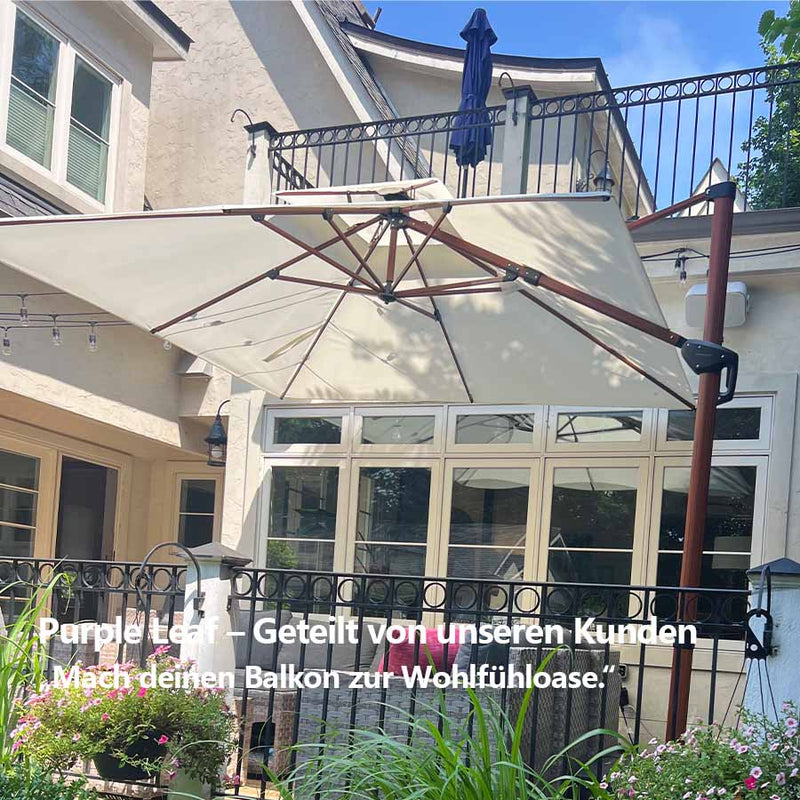 PURPLE LEAF Garten Sonnenschirm, quadratischer Alu Holzoptik Ampelschirm Überhang mit Kurbelgriff und Neigung für Balkon