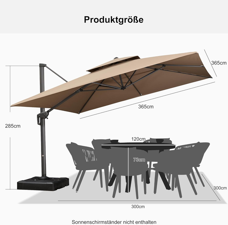 PURPLE LEAF Sonnenschirm Quadratischer Regenschirm Drehbar Neigbar mit 360°Rotation, Gartenschirm mit Kurbel