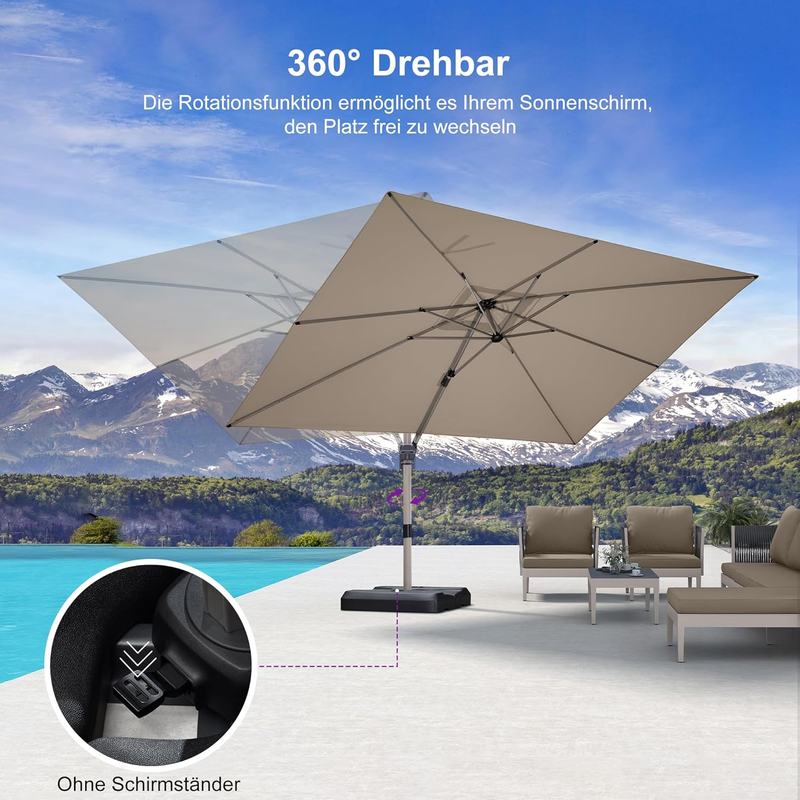 PURPLE LEAF Deluxe - Aluminium Outdoor Patio-Sonnenschirm Quadratisch  Edel, windfest und vielseitig einstellbar