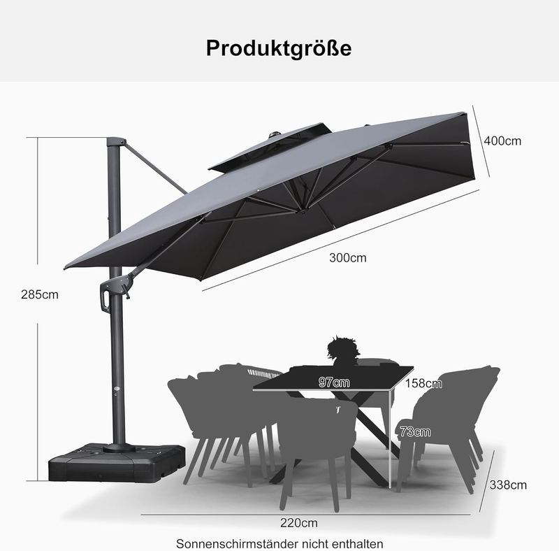 PURPLE LEAF Sonnenschirm Quadratischer Regenschirm Drehbar Neigbar mit 360°Rotation, Gartenschirm mit Kurbel