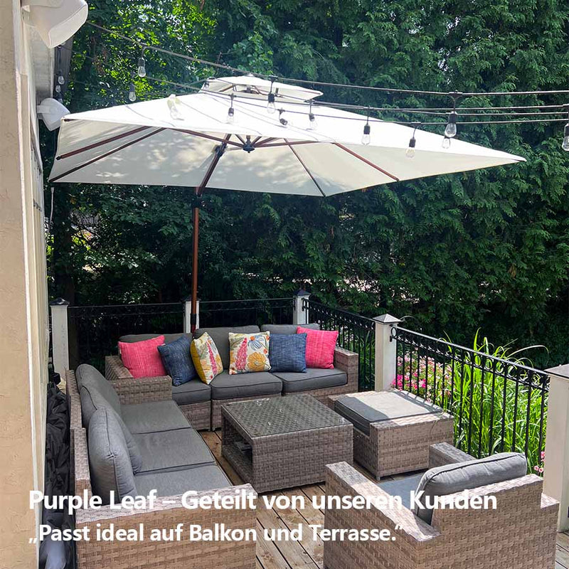 PURPLE LEAF Garten Sonnenschirm, quadratischer Alu Holzoptik Ampelschirm Überhang mit Kurbelgriff und Neigung für Balkon