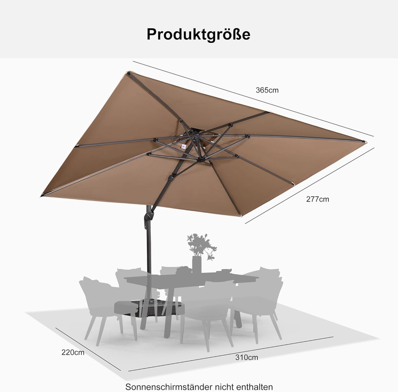 PURPLE LEAF Sonnenschirm Quadratischer Regenschirm Drehbar Neigbar mit 360°Rotation, Gartenschirm mit Kurbel