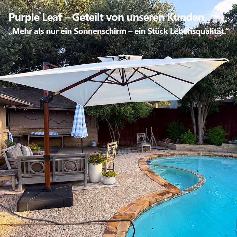 PURPLE LEAF Garten Sonnenschirm, quadratischer Alu Holzoptik Ampelschirm Überhang mit Kurbelgriff und Neigung für Balkon