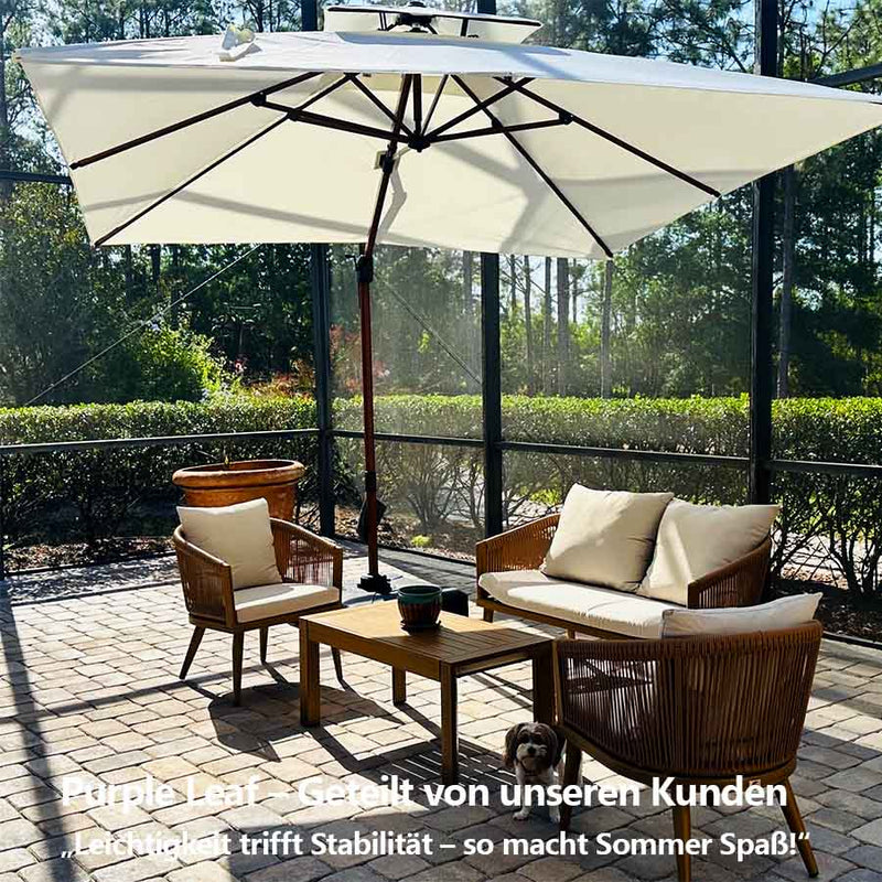 PURPLE LEAF Garten Sonnenschirm, quadratischer Alu Holzoptik Ampelschirm Überhang mit Kurbelgriff und Neigung für Balkon