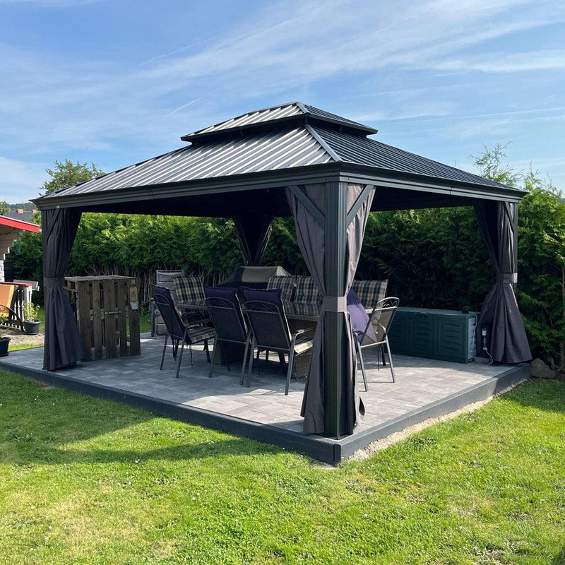 PURPLE LEAF Grau Alu Pavillon Wasserdicht Stabil Winterfest Wetterfest Gartenpavillon mit 4 Doppel Seitenteile Hardtop Pavillon mit Stahldach