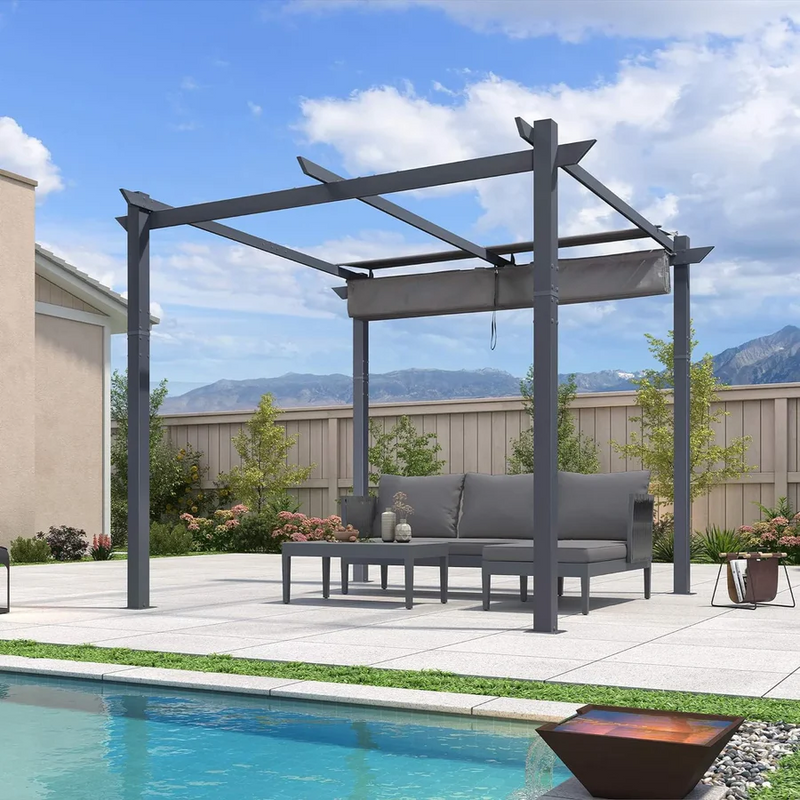 PURPLE LEAF Garten Pergola mit Vorhang Aluminium-Rahmen Outdoor Terrasse Pavillon mit Seitenschutzvorhänge Sonnendach mit Schiebedach  Grau