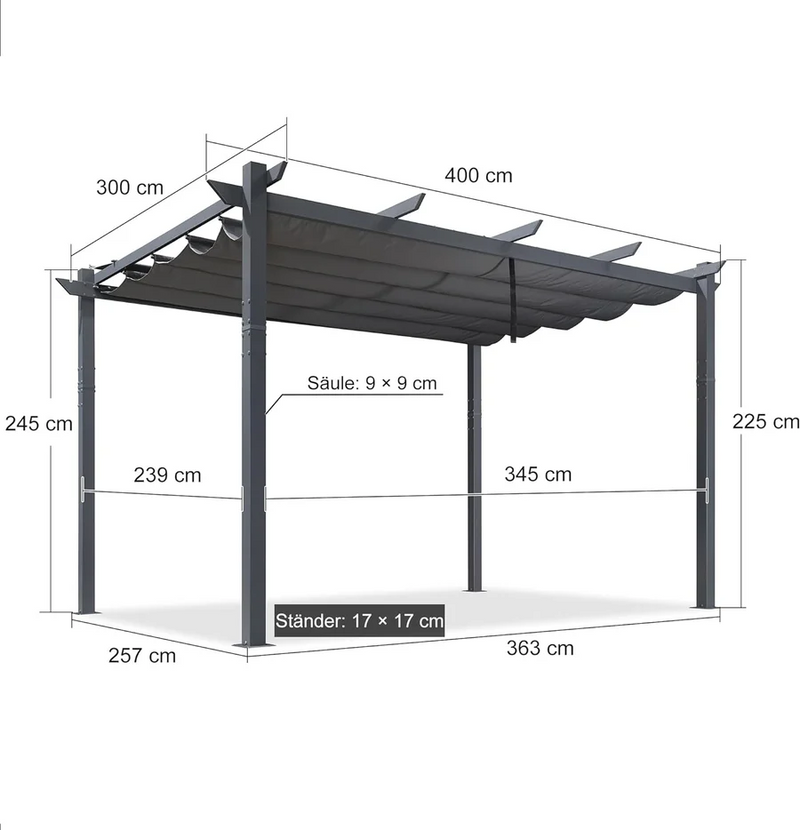 PURPLE LEAF Garten Pergola mit Vorhang Aluminium-Rahmen Outdoor Terrasse Pavillon mit Seitenschutzvorhänge Sonnendach mit Schiebedach  Grau