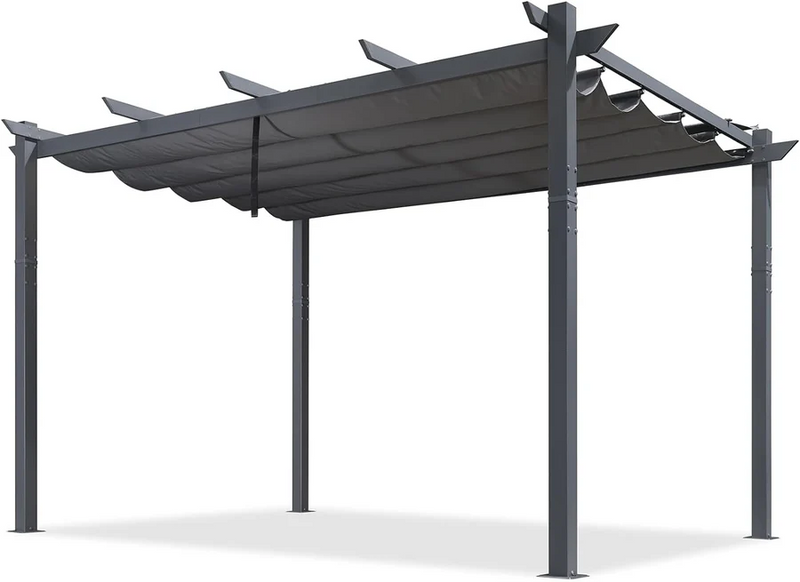 PURPLE LEAF Garten Pergola mit Vorhang Aluminium-Rahmen Outdoor Terrasse Pavillon mit Seitenschutzvorhänge Sonnendach mit Schiebedach  Grau
