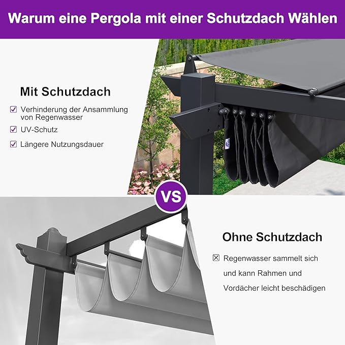 PURPLE LEAF Aluminium Pergola Einziehbare Markise mit Sonnenschutzdach und Seitenvorhängen für Terrasse Garten Grillpavillon