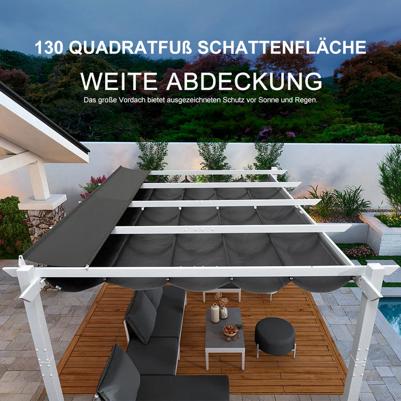 PURPLE LEAF Ausziehbare Outdoor Pergola mit Doppel-Sonnensege & Seitenschutzvorhängen  Weiße Aluminium-Pergola  Moderne Terrassen-Markise für Garten Hof&Terrasse kaki