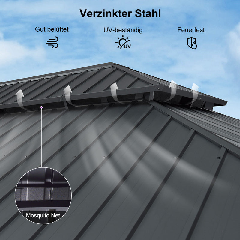 PURPLE LEAF Grau Alu Pavillon Wasserdicht Stabil Winterfest Wetterfest Gartenpavillon mit 4 Doppel Seitenteile Hardtop Pavillon mit Stahldach