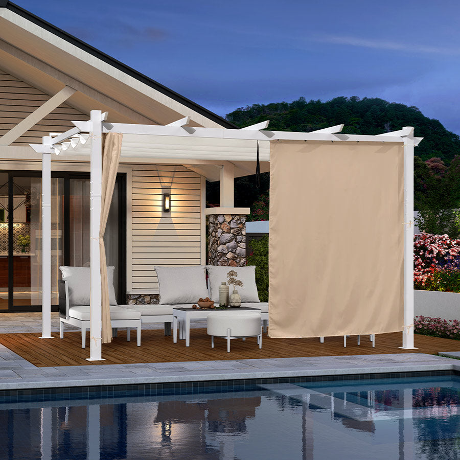 PURPLE LEAF Ausziehbare Outdoor Pergola mit Doppel-Sonnensege & Seitenschutzvorhängen Weiße Aluminium-Pergola Moderne Terrassen-Markise für Garten Hof&Terrasse kaki