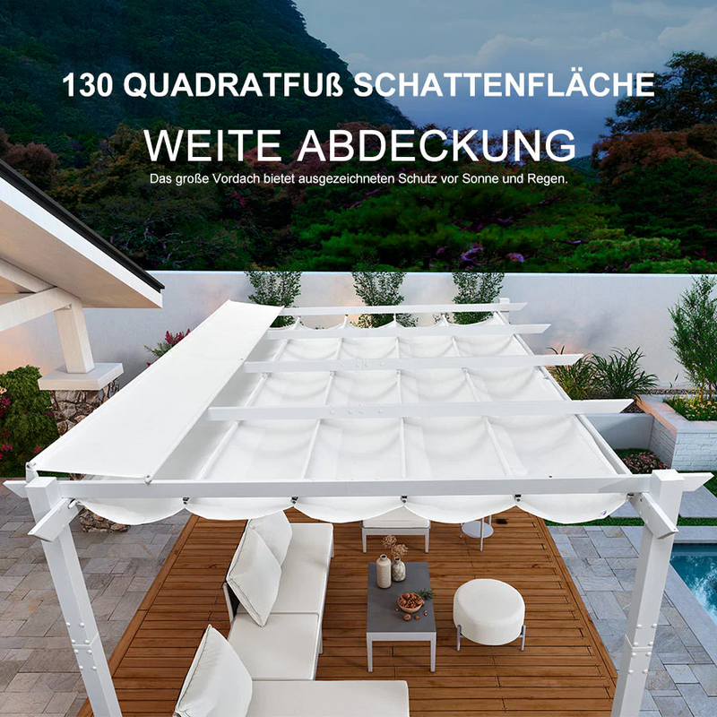 PURPLE LEAF Ausziehbare Outdoor Pergola mit Doppel-Sonnensege & Seitenschutzvorhängen  Weiße Aluminium-Pergola  Moderne Terrassen-Markise für Garten Hof&Terrasse kaki