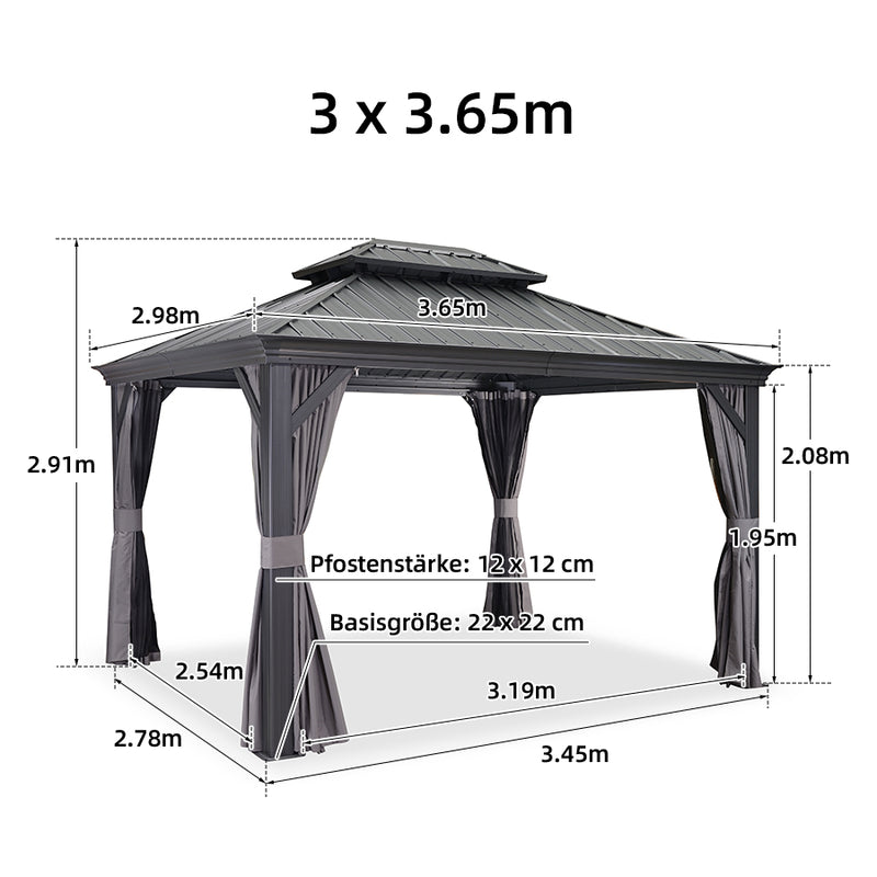 PURPLE LEAF Grau Alu Pavillon Wasserdicht Stabil Winterfest Wetterfest Gartenpavillon mit 4 Doppel Seitenteile Hardtop Pavillon mit Stahldach