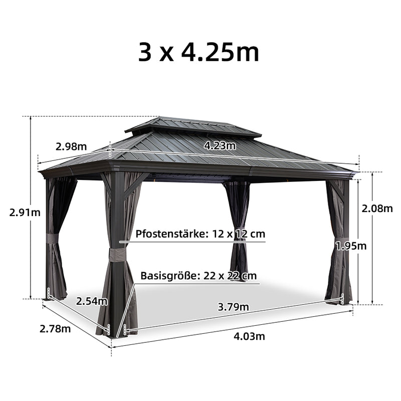 PURPLE LEAF Grau Alu Pavillon Wasserdicht Stabil Winterfest Wetterfest Gartenpavillon mit 4 Doppel Seitenteile Hardtop Pavillon mit Stahldach