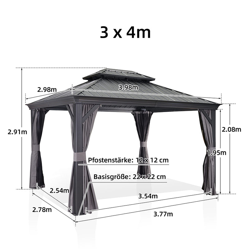 PURPLE LEAF Grau Alu Pavillon Wasserdicht Stabil Winterfest Wetterfest Gartenpavillon mit 4 Doppel Seitenteile Hardtop Pavillon mit Stahldach