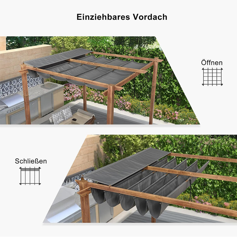 PURPLE LEAF Pergola Metall Holzoptik Garten Pavillon Aluminum Pergola Wasserdicht Sonnendach mit Schiebedach, Gartenpavillon Mit Markisenschutz