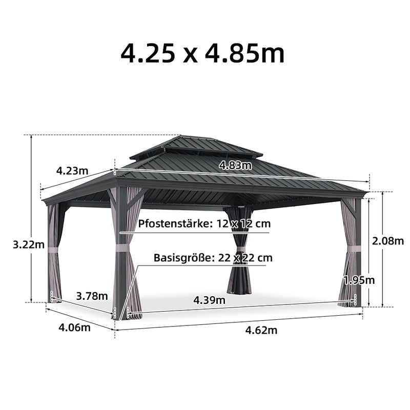 PURPLE LEAF Grau Alu Pavillon Wasserdicht Stabil Winterfest Wetterfest Gartenpavillon mit 4 Doppel Seitenteile Hardtop Pavillon mit Stahldach
