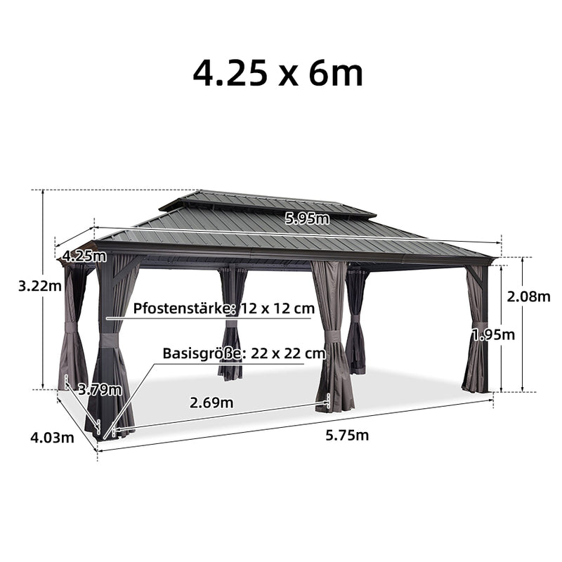 PURPLE LEAF Grau Alu Pavillon Wasserdicht Stabil Winterfest Wetterfest Gartenpavillon mit 4 Doppel Seitenteile Hardtop Pavillon mit Stahldach