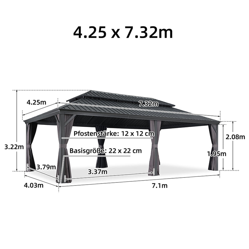 PURPLE LEAF Grau Alu Pavillon Wasserdicht Stabil Winterfest Wetterfest Gartenpavillon mit 4 Doppel Seitenteile Hardtop Pavillon mit Stahldach