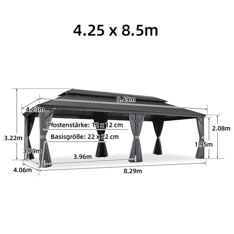 PURPLE LEAF Grau Alu Pavillon Wasserdicht Stabil Winterfest Wetterfest Gartenpavillon mit 4 Doppel Seitenteile Hardtop Pavillon mit Stahldach