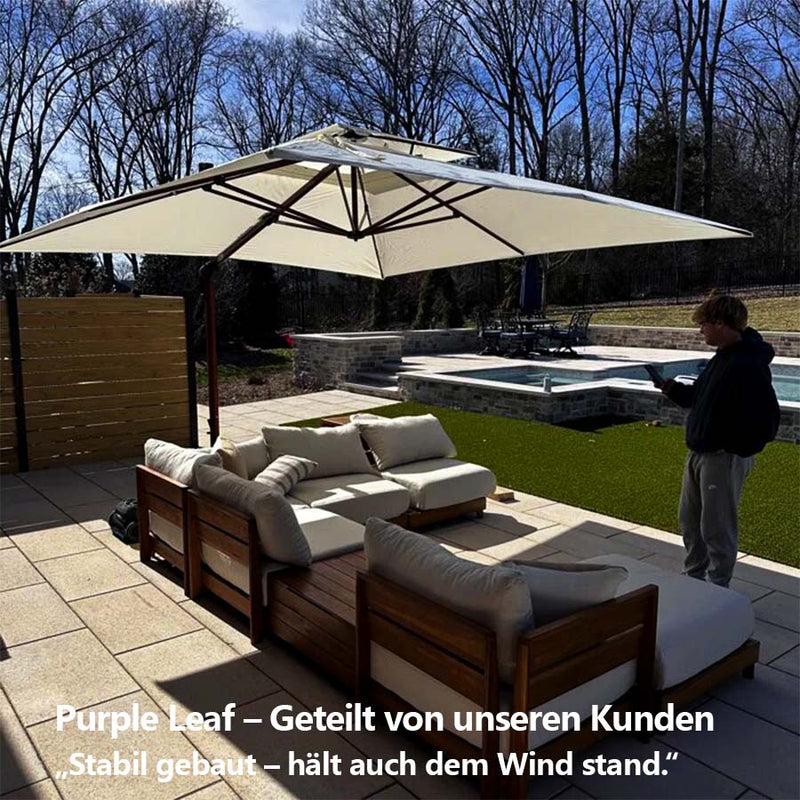 PURPLE LEAF Garten Sonnenschirm, quadratischer Alu Holzoptik Ampelschirm Überhang mit Kurbelgriff und Neigung für Balkon