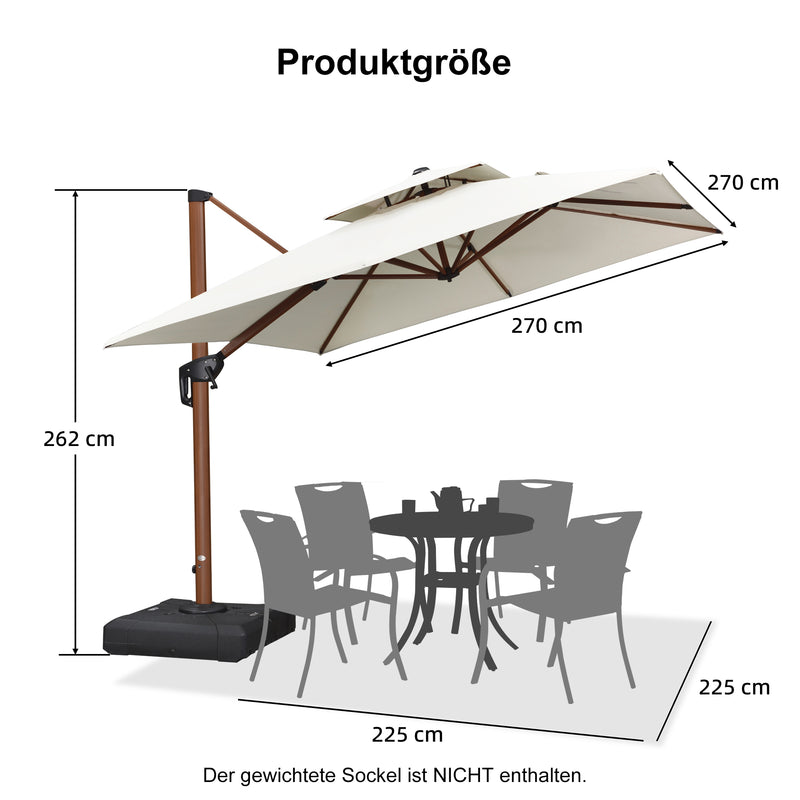 PURPLE LEAF Garten Sonnenschirm, quadratischer Alu Holzoptik Ampelschirm Überhang mit Kurbelgriff und Neigung für Balkon